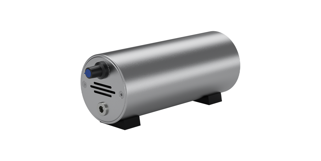 AtomStack F30 air assist pump, silver cylindrical unit, front three-quarter view