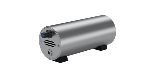 AtomStack F30 air assist pump, silver cylindrical unit, front three-quarter view