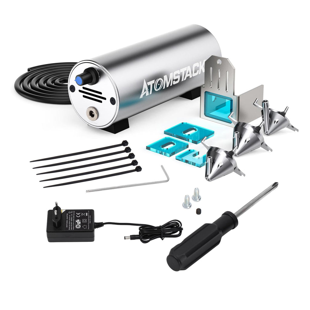 AtomStack F30 air assist set with air nozzles, tubing, cable ties and power adapter