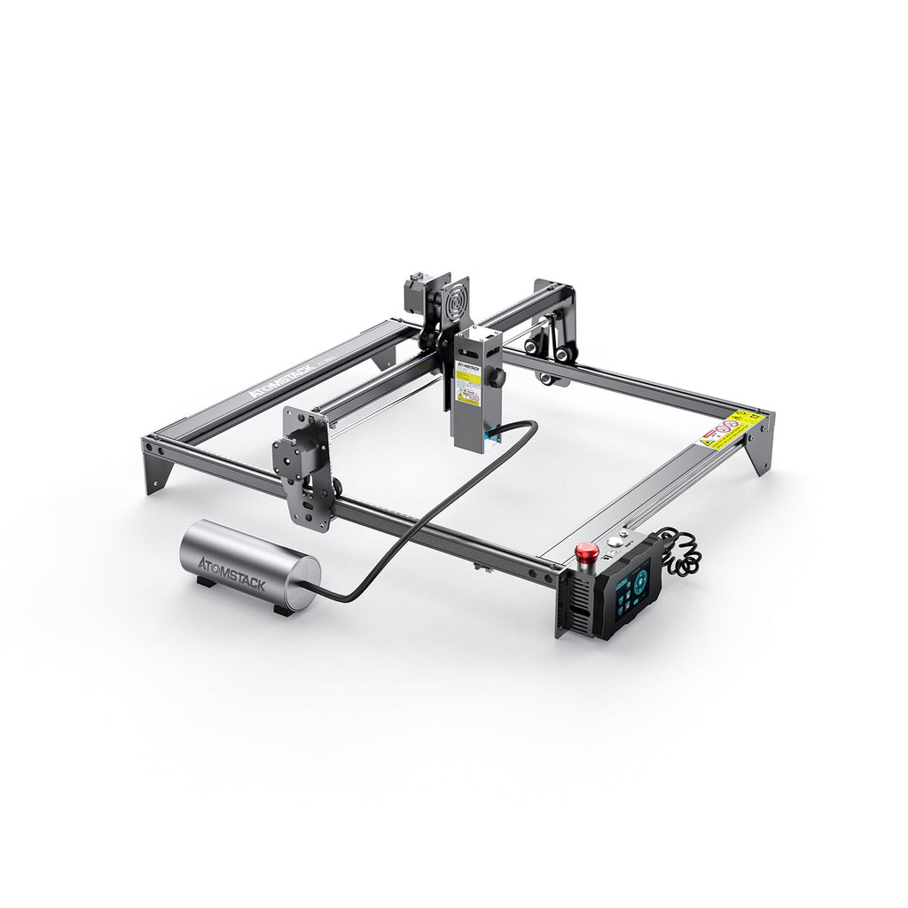 AtomStack F30 air assist set installed with an open-frame laser engraver
