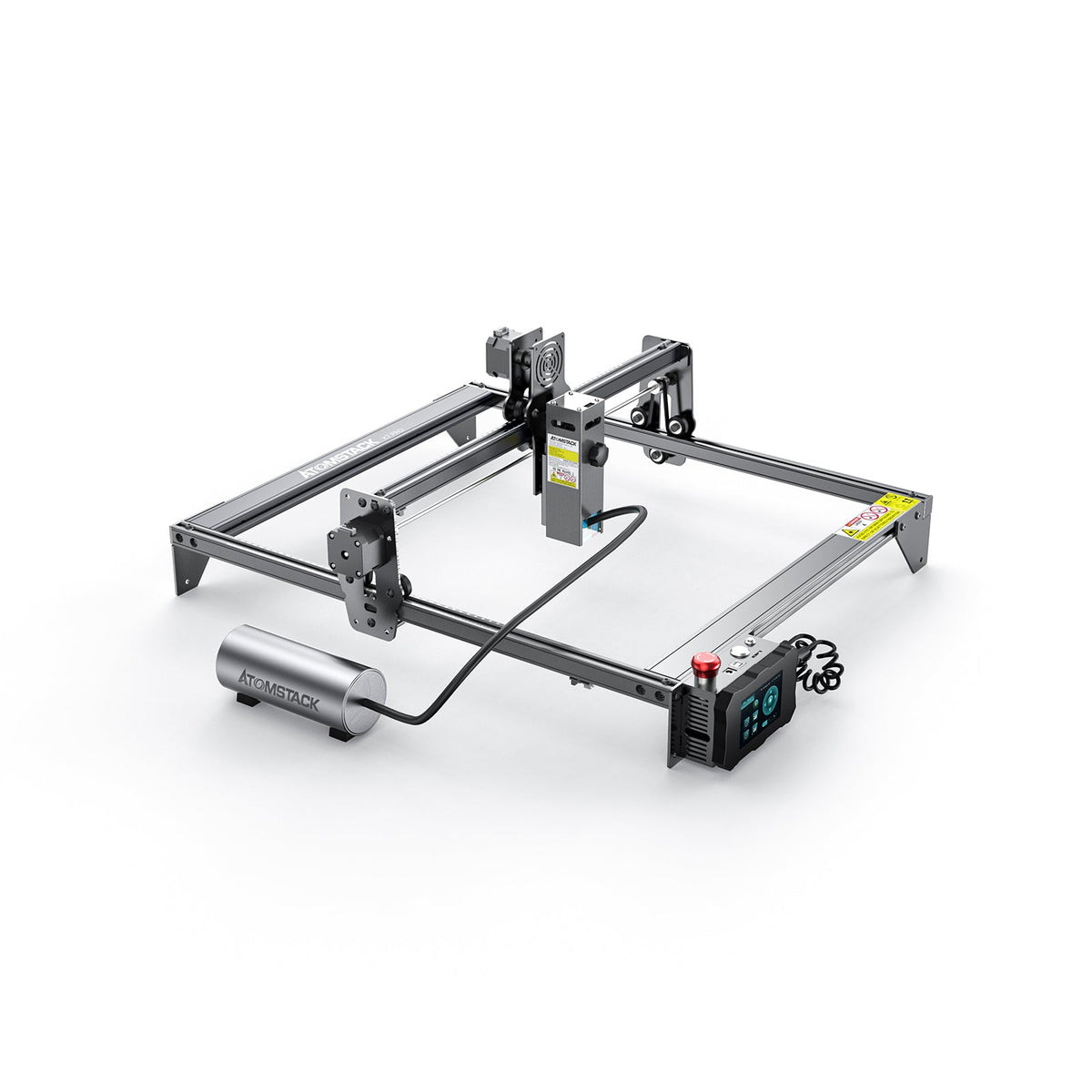 AtomStack F30 air assist set installed with an open-frame laser engraver
