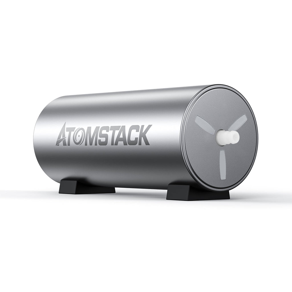 Rear view of the AtomStack F30 air assist pump showing the fan outlet