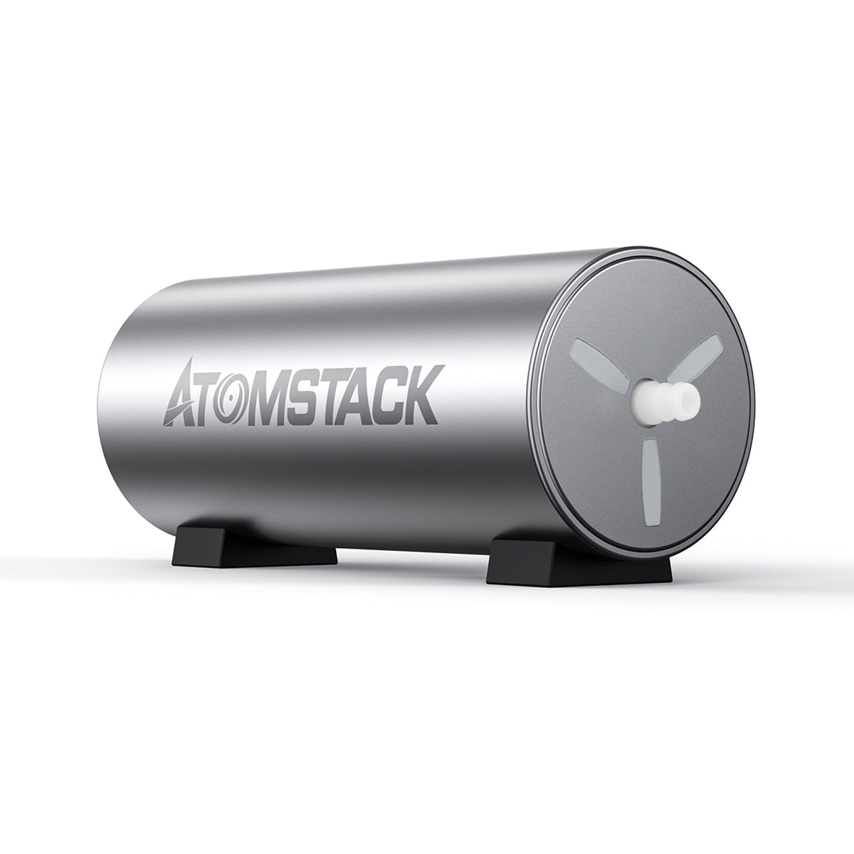 Rear view of the AtomStack F30 air assist pump showing the fan outlet