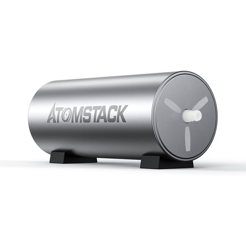 Rear view of the AtomStack F30 air assist pump showing the fan outlet